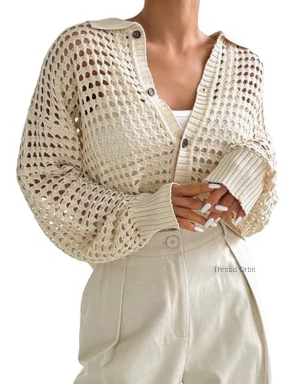Lightweight Crochet Cardigan Sweater Button Front Loose Fit Long Sleeve - Picture 4 of 7